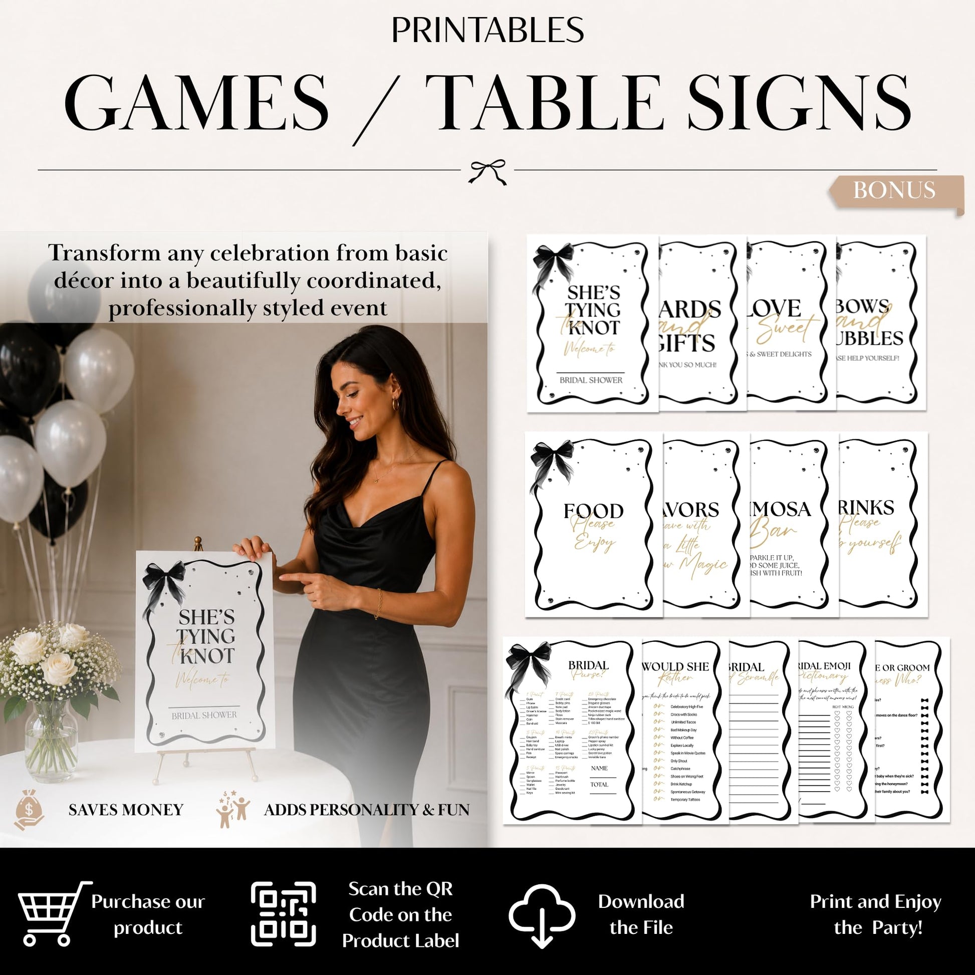 325 Pc Black Bow Bridal Shower Decorations Set - She’s Tying the Knot
