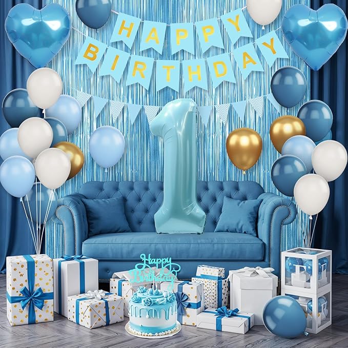 1st Birthday Decorations Blue White Gold First Birthday Balloons