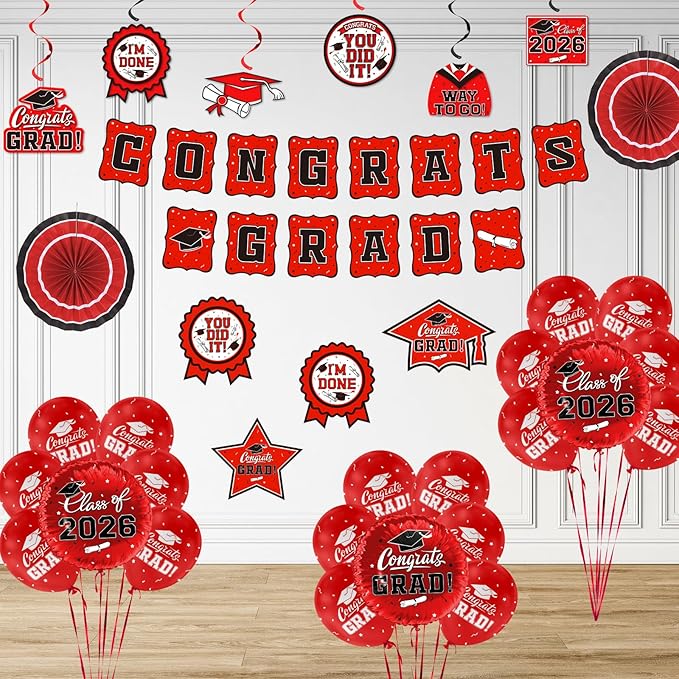 Red Themed 2026 Graduation Decorations Set Congrats Grad Banner
