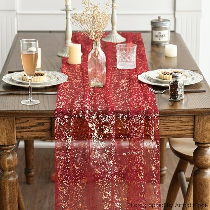 Artoid Mode 6PCS Red Gold Gauze Table Runner 120 Inch 10FT, Glitter