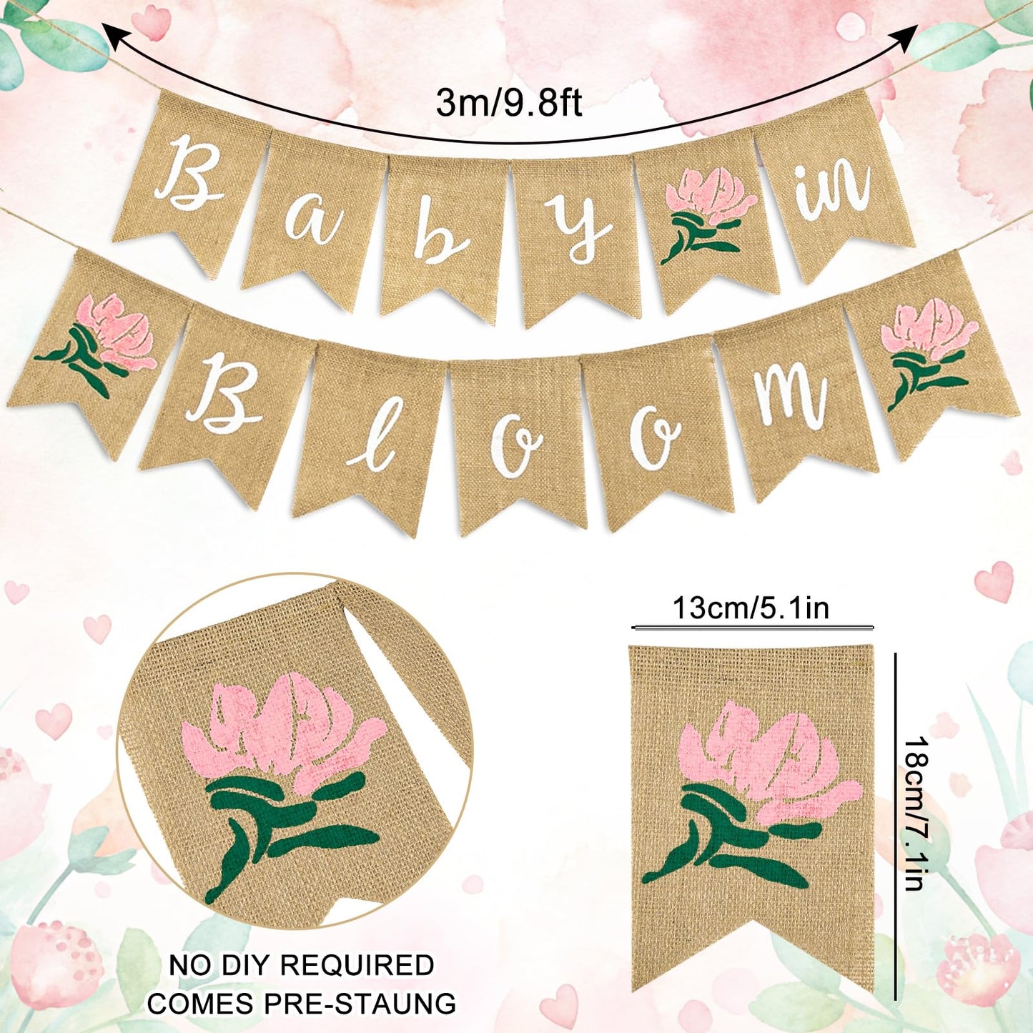 Whaline Baby in Bloom Burlap Banner with Pink Flower Rustic Bunting
