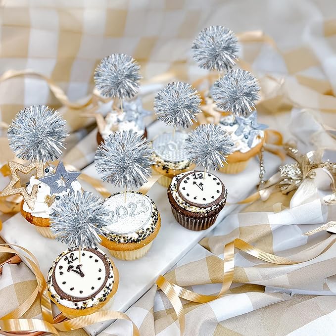 Gyufise 30Pcs Foil Firework Cupcake Toppers Sparkle Tinsel Cake #26