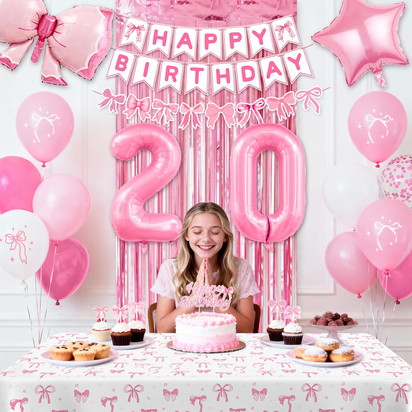 20th Pink Birthday Decorations for Women, Pink Bow Coquette Birthday