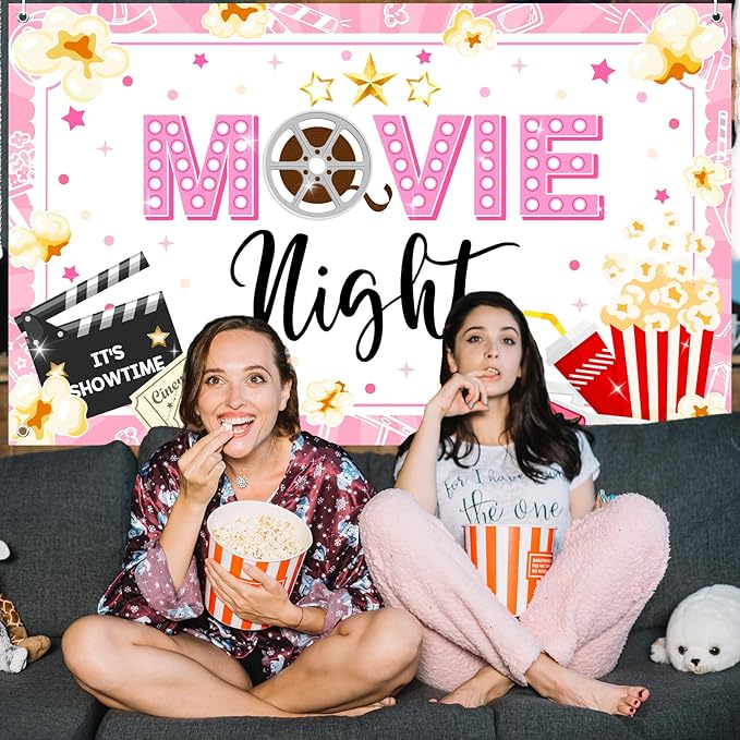 Pink Movie Night Party Decorations Kit Movie Banner Cute Popcorn