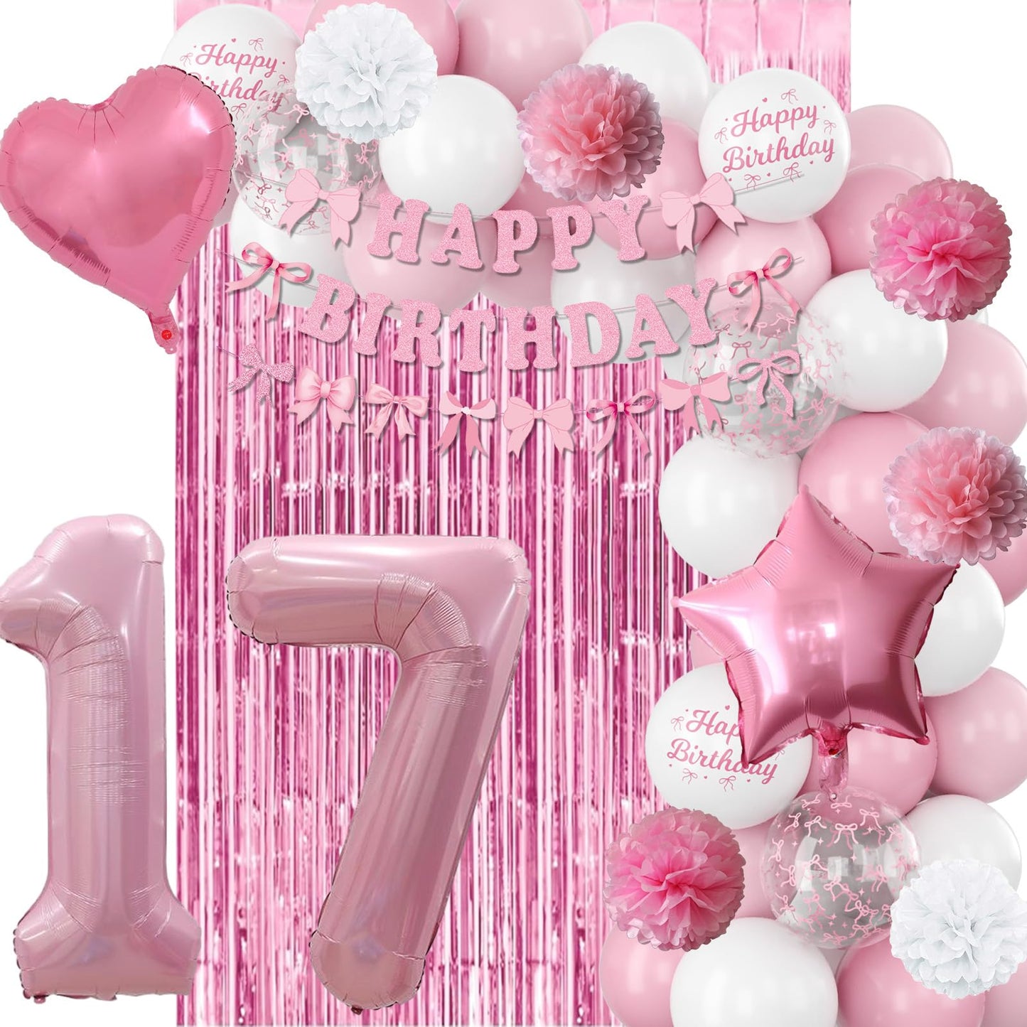 17th Birthday Decorations for Girls Pink Number 17 Balloon Bow