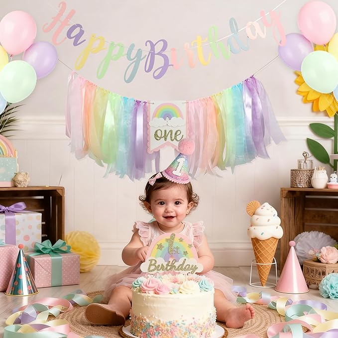 Macaron Pastel Rainbow High Chair Banner for 1st Birthday