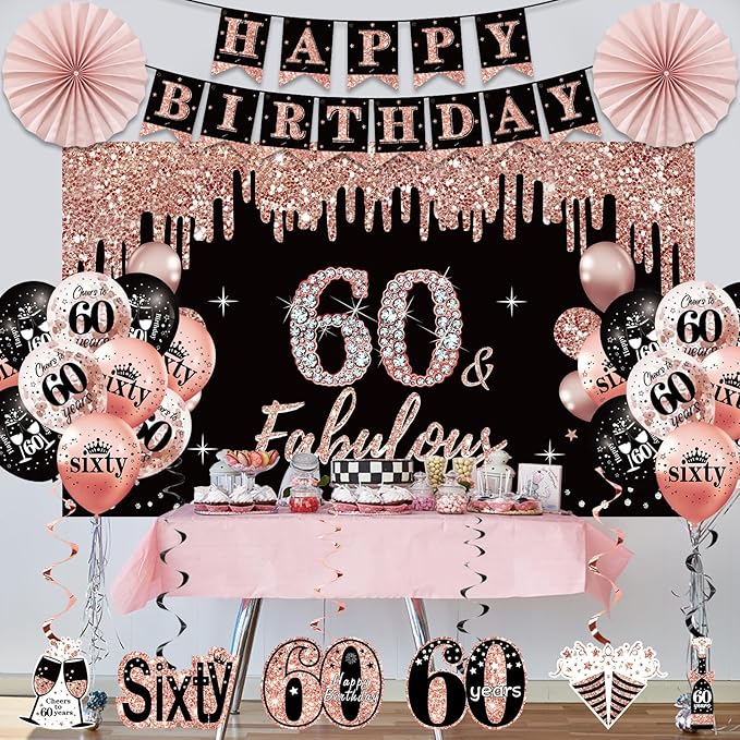 60th Birthday Decorations for Women 33pcs Black Rose Gold Happy 60th