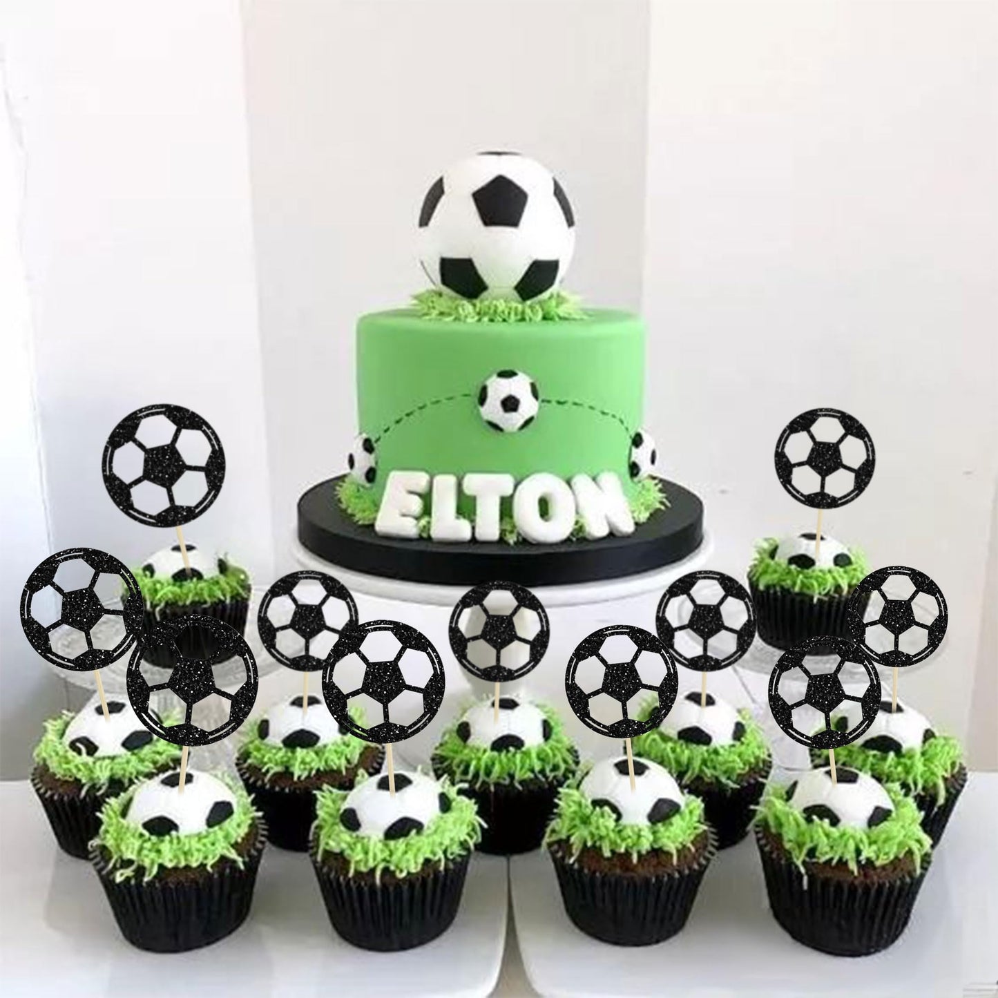 24Pcs Soccer Ball Cupcake Toppers Black Glitter Sports Theme Football