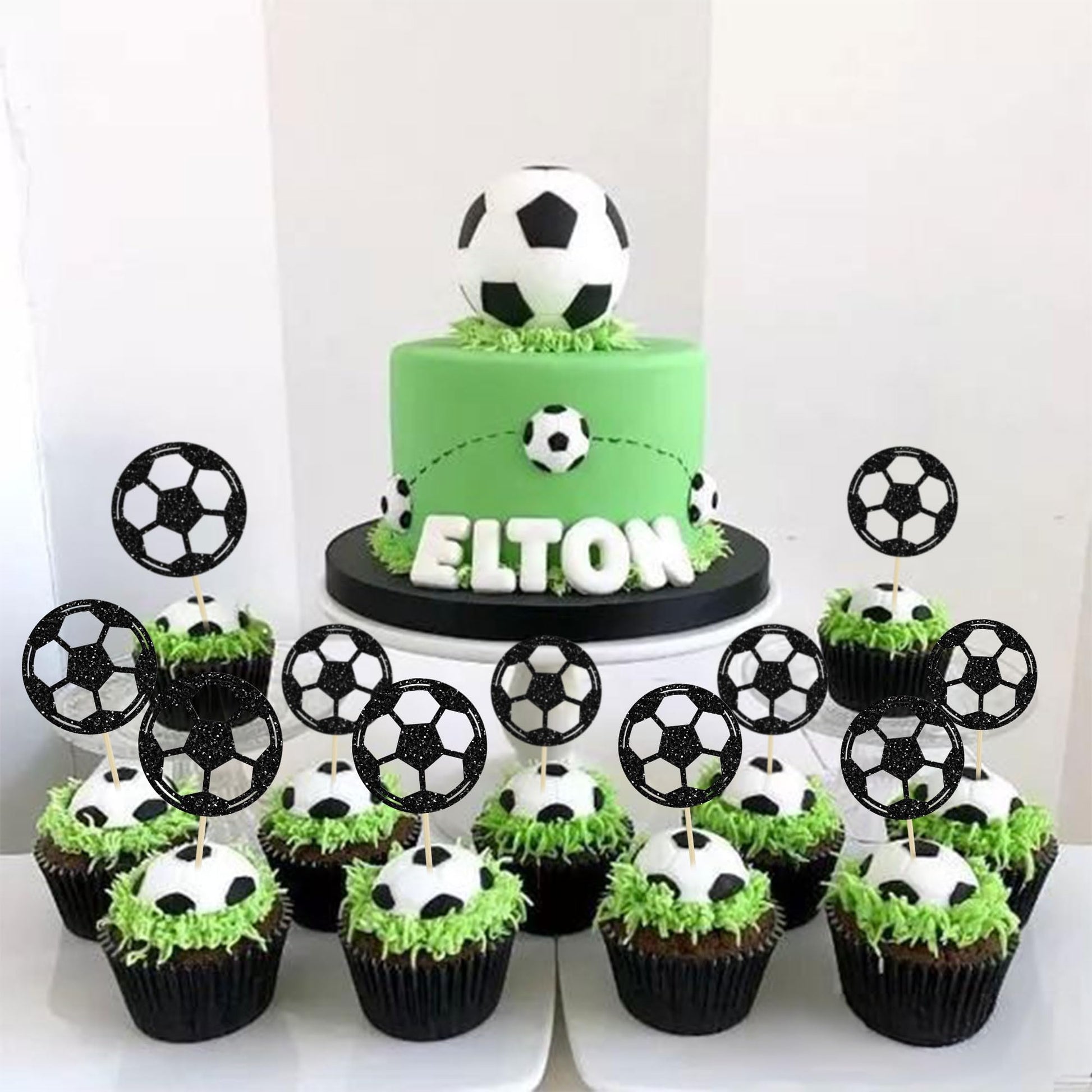 24Pcs Soccer Ball Cupcake Toppers Black Glitter Sports Theme Football