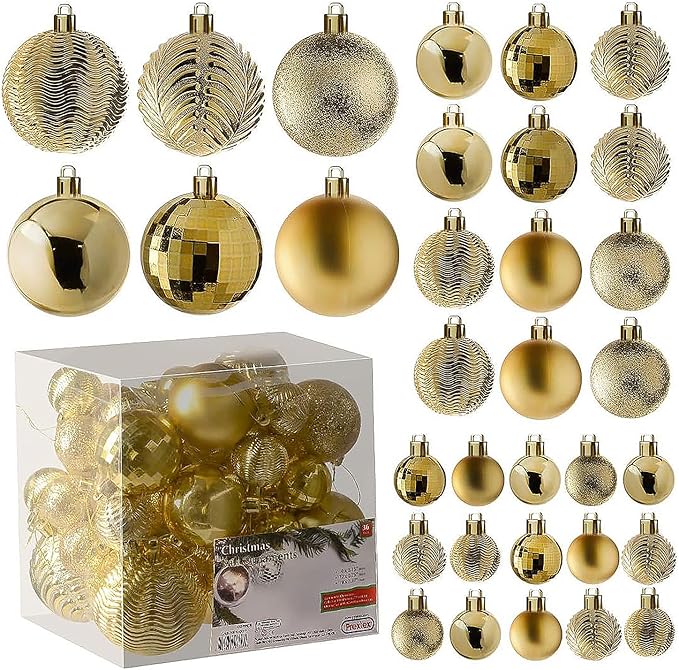 Prextex 36pc Shatterproof Christmas Ornaments Set - Gold Christmas