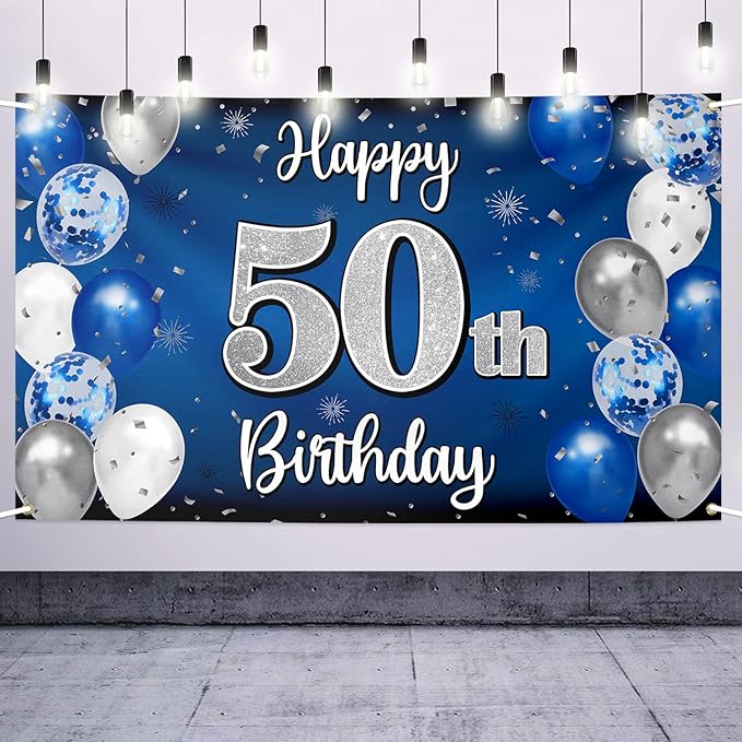 Happy 50th Birthday Decorations 50th Blue & Silver Balloon Large