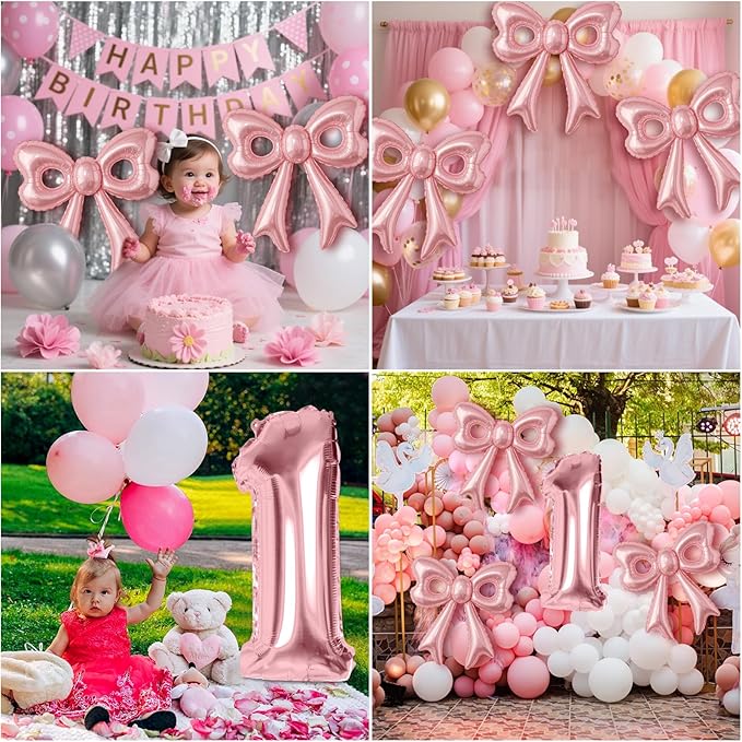 Pink Bow Happy Birthday Balloons, 40” Aluminum Foil Number 1 Balloon