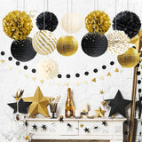 Black Gold Party Decorations 12PCS Paper Lantern Tissue Pom Poms