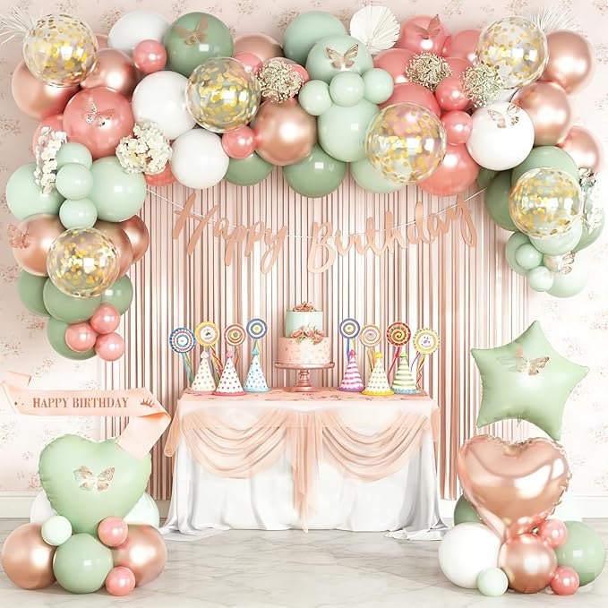 Sage Green and Rose Gold Birthday Party Decorations for Women Girls,