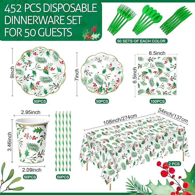 452 Pcs Christmas Party Supplies for 50 Guest Holly Berry Leaves