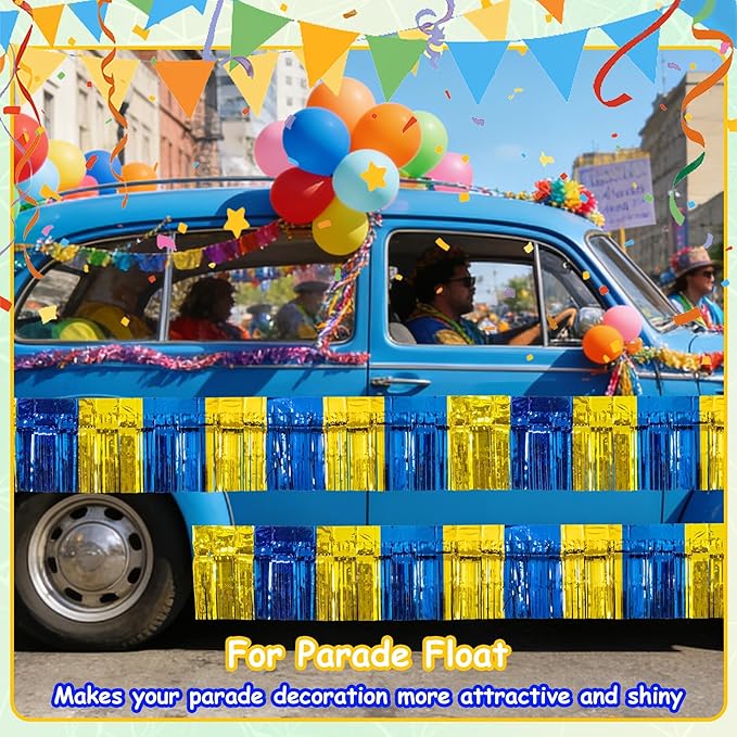 4 Pack 10 Feet Graduation Parade Floats Foil, Royal Blue Gold Fringe