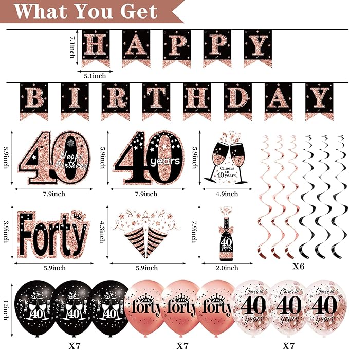 40th Birthday Decorations for Women 33pcs Black Rose Gold Happy 40th