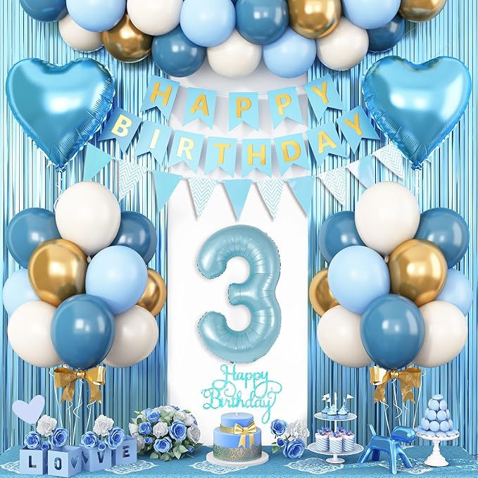 3rd Birthday Decorations Blue White Gold 3rd Birthday Balloons with