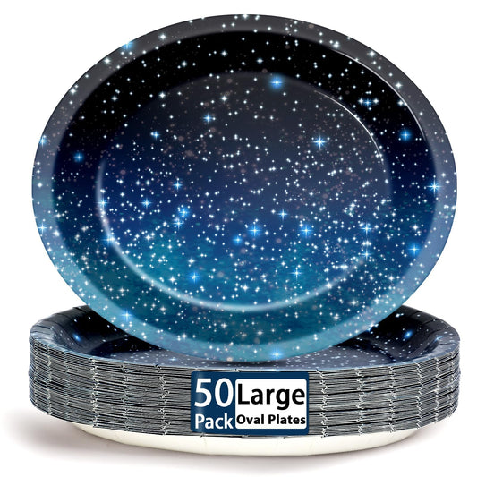 Qyeahkj 50 PCS Space Galaxy Oval Paper Plates Large 11” Disposable