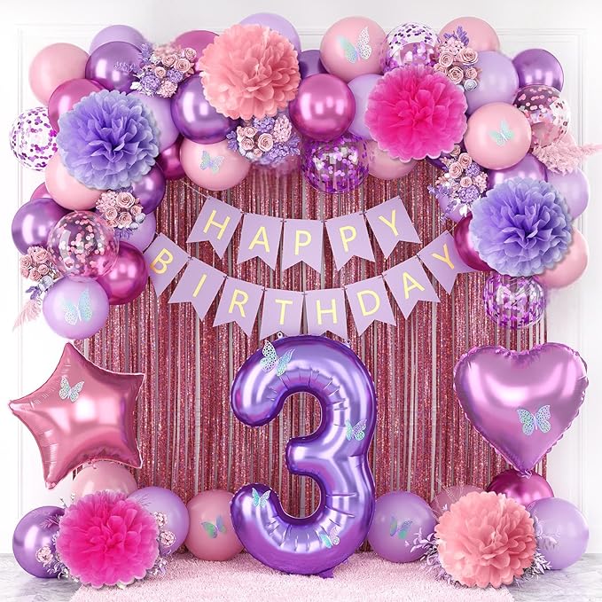 Pink Purple 3rd Birthday Party Decorations for Girls Number 3