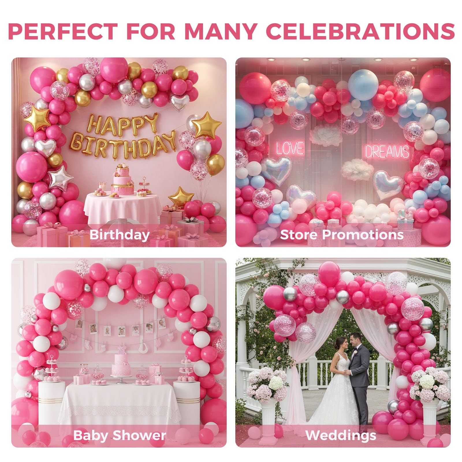 LovesTown 150 PCS Hot Pink Balloons Different Size of 18 12 10 5 Inch