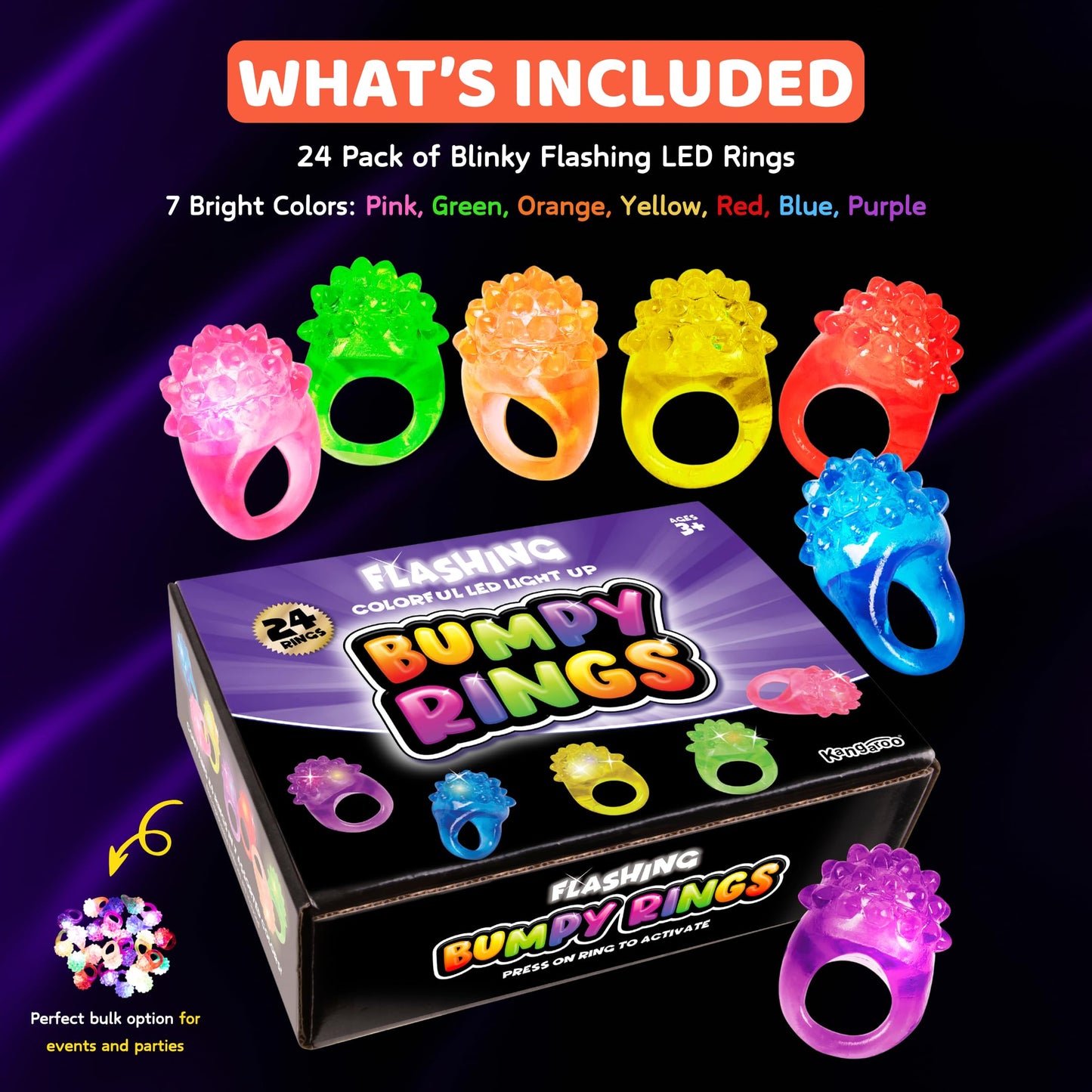 Kangaroo 24 Pack LED Light up Rings for Kids Bulk - Flashing Colorful
