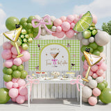 A Tini Bit Older balloon garland arch kit with Pink oilve green