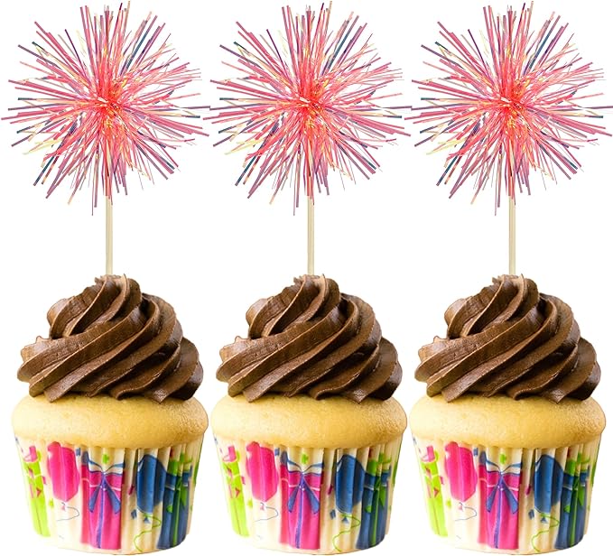 Gyufise 30Pcs Foil Firework Cupcake Toppers Sparkle Tinsel Cake #31