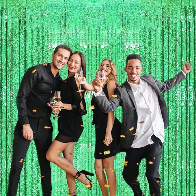 2 Pack 3.2ft x 8.2ft Green Foil Fringe Curtain, Metallic Tinsel Foil