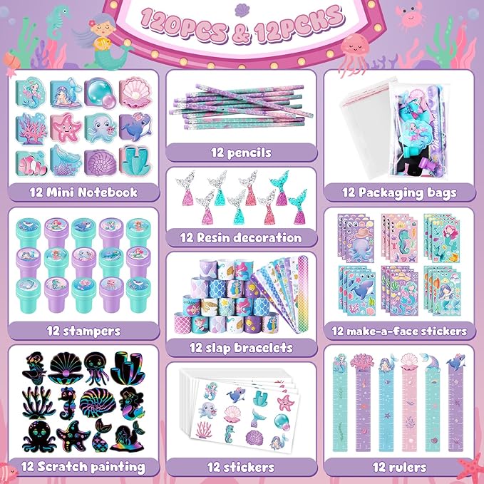 120Pcs Mermaid Party Favors Little Mermaid Pencils Stickers School