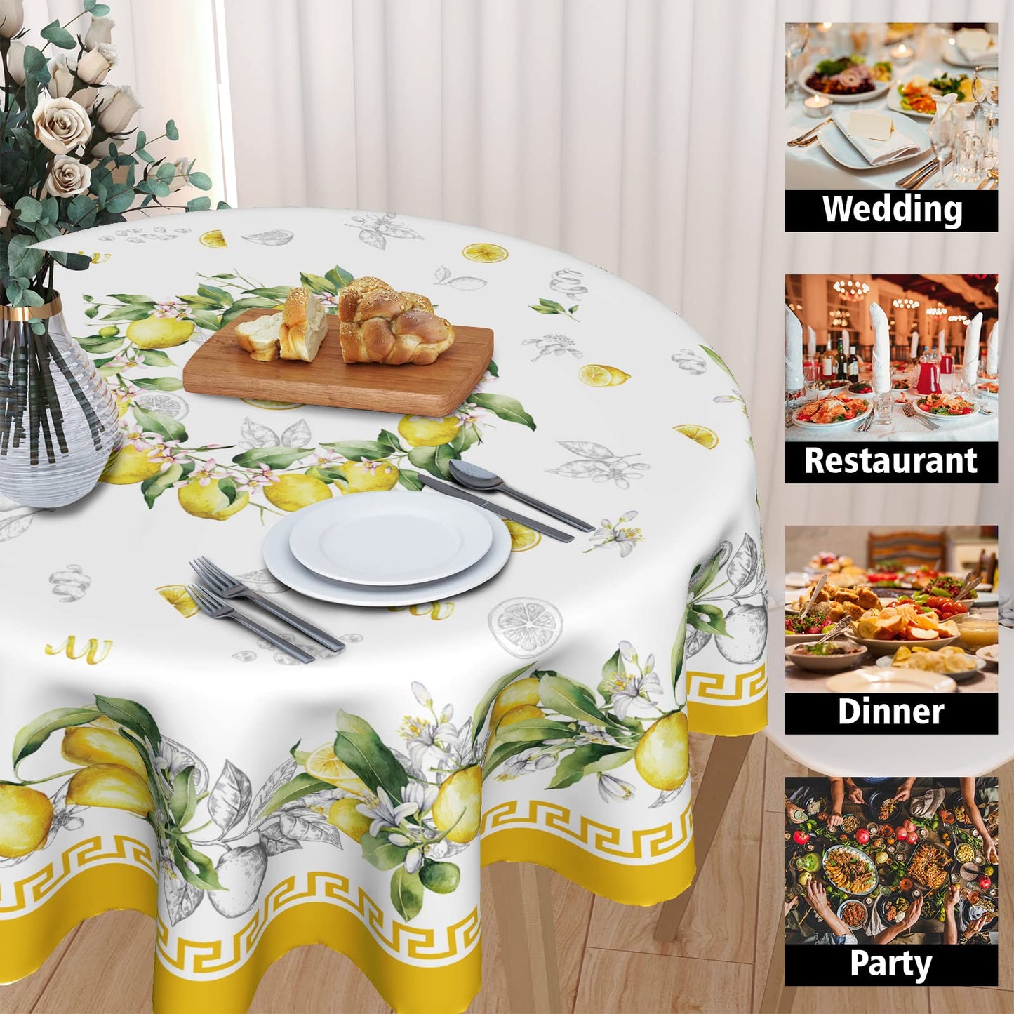 Giwawa Lemon Round Tablecloth 60 inch, Yellow Citrus Fruit Summer