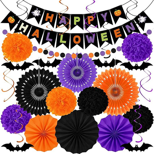 26PCS Halloween Party Decorations Purple Black Orange Paper Fans Set