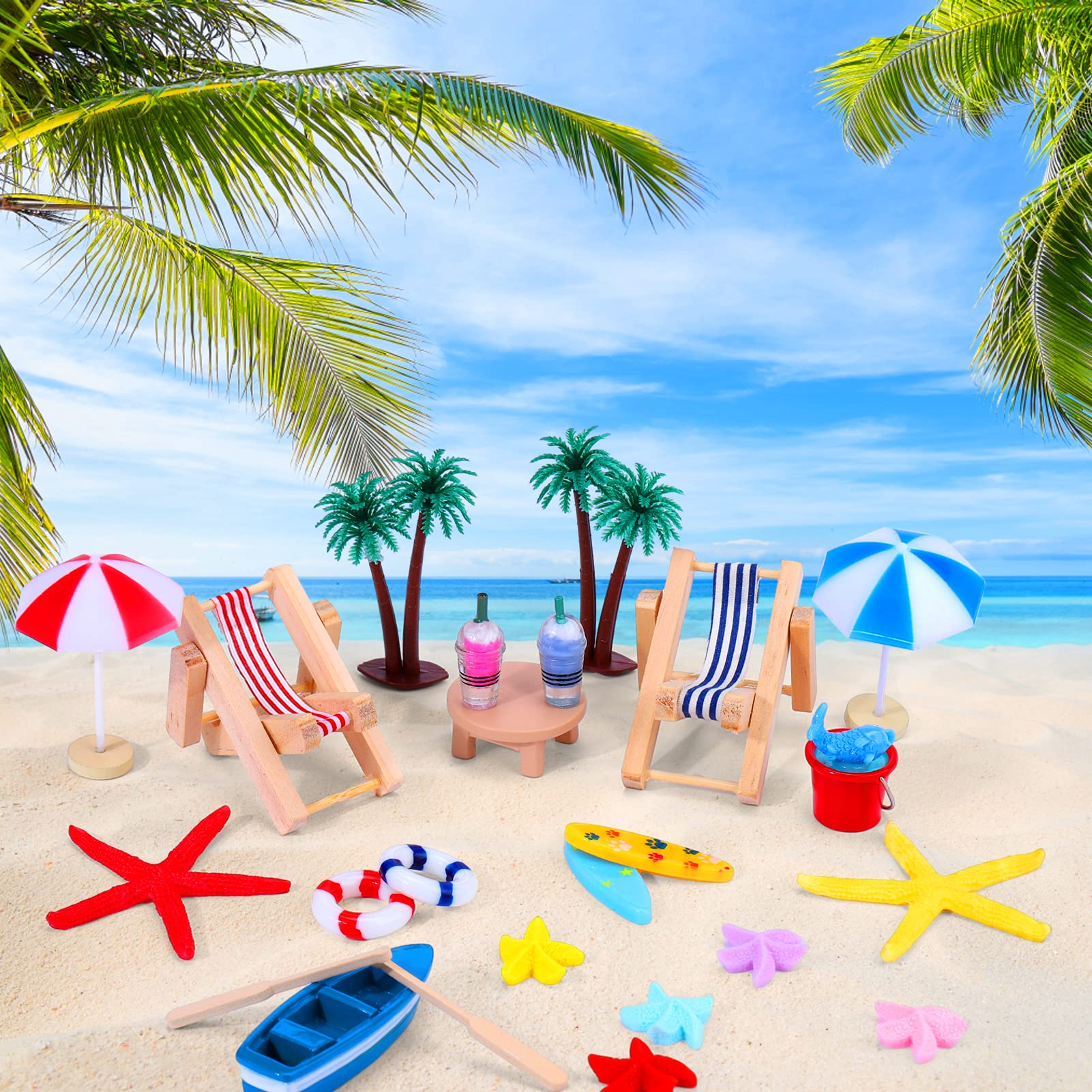 Beach Chair Umbrella Cake Decoration, 24 Pieces Palm Tree Summer Ocean