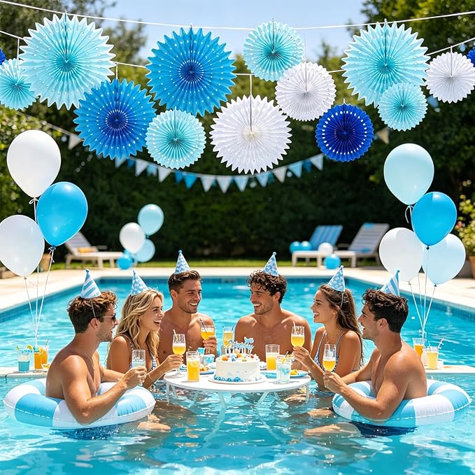 SUNBEAUTY Pack of 13 Blue White Hanging Honeycomb Paper Fans Party