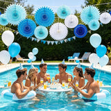 SUNBEAUTY Pack of 13 Blue White Hanging Honeycomb Paper Fans Party