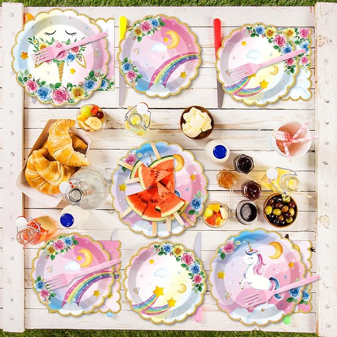 96Pcs Unicorn Party Plates and Napkins Rainbow Unicorn Birthday