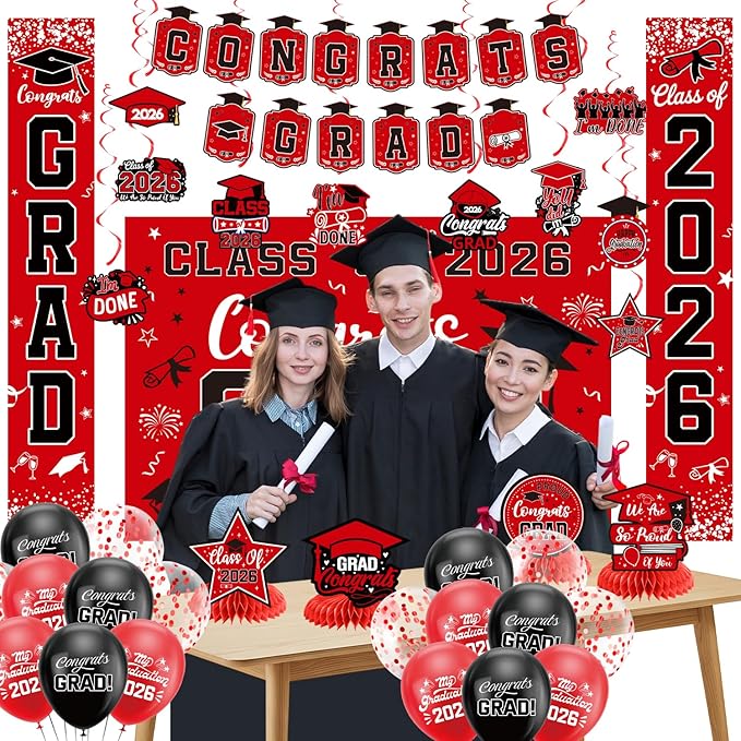 Graduation Decorations 2026 Red Set, Congrats Grad Decor Set with