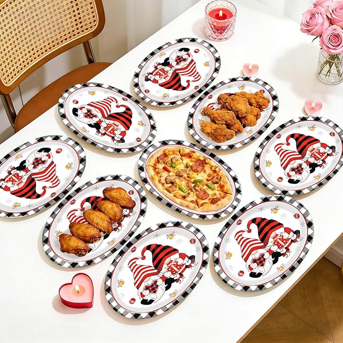50 PCS Valentine's Day Oval Paper Plates 10 x 12 Gnomes Heart Plates