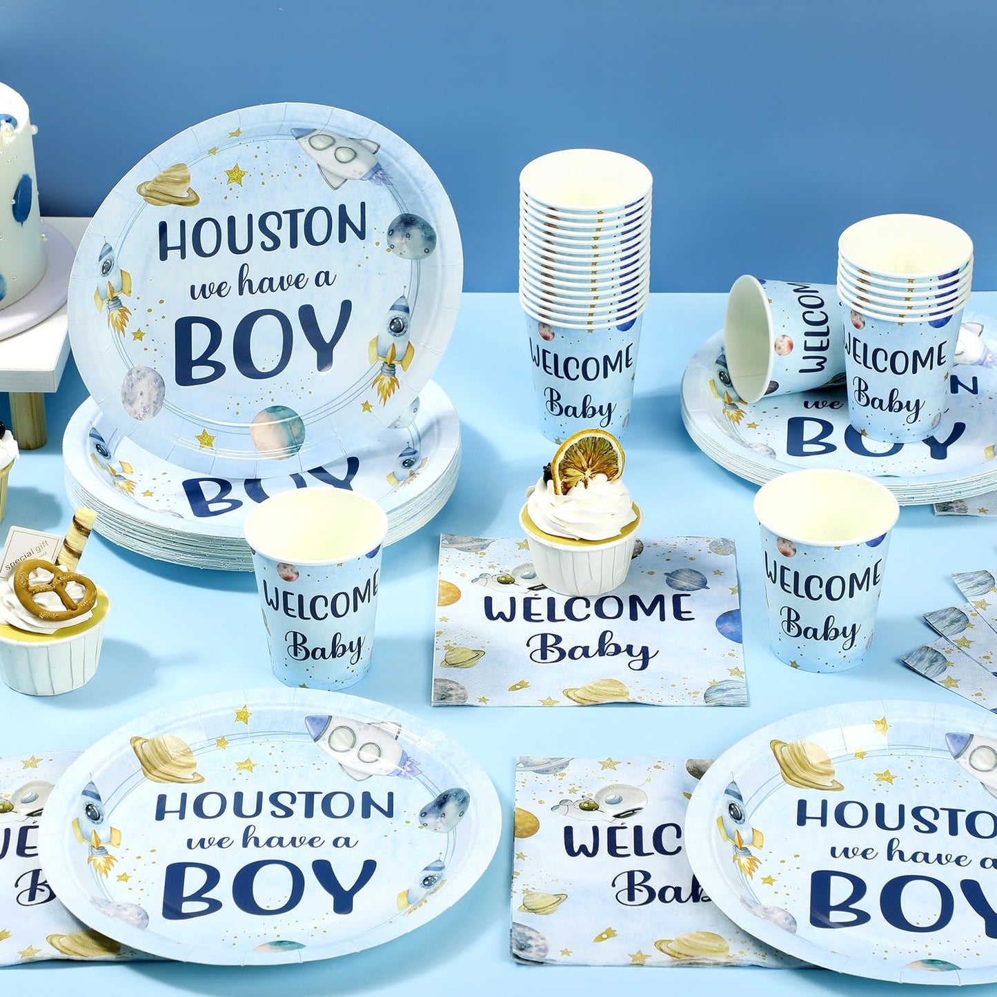 Hushee 200 Pcs Outer Space Baby Shower Paper Plates Napkins Cups Baby