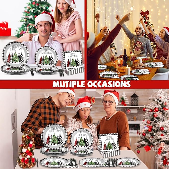 200Pcs Buffalo Plaid Christmas Tree Party Plates Napkins Christmas