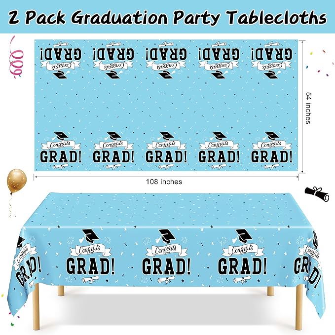 2Pcs Graduation Tablecloths, 108" X 54" Skyblue Graduation Table