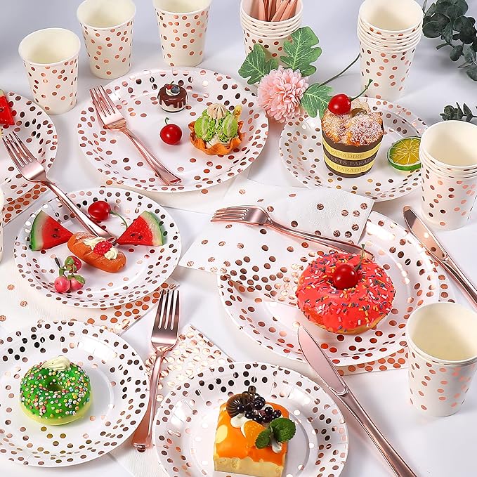 175PCS Rose Gold Party Supplies,Rose Gold Dot on White Paper Plates