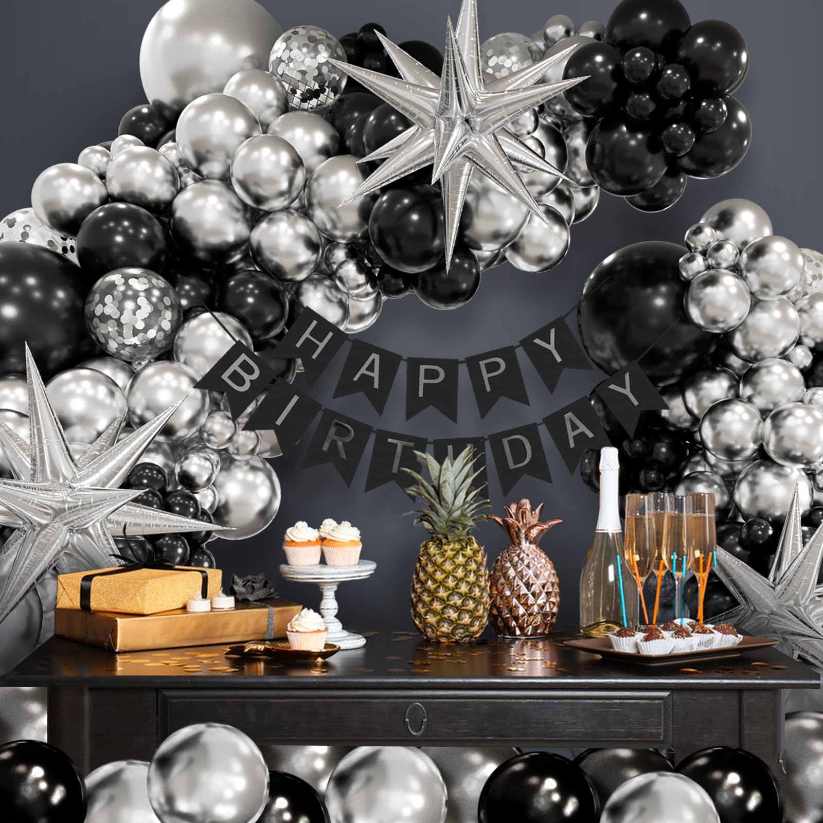 FOTIOMRG Black and Silver Balloons Garland Arch Kit with 3pcs Star