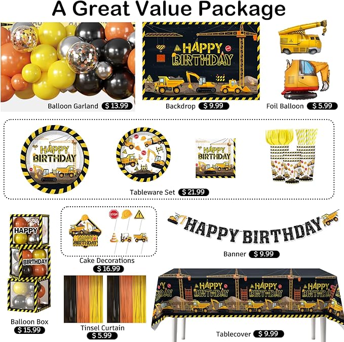 287Pcs Construction Birthday Party Supplies 25 Construction Theme
