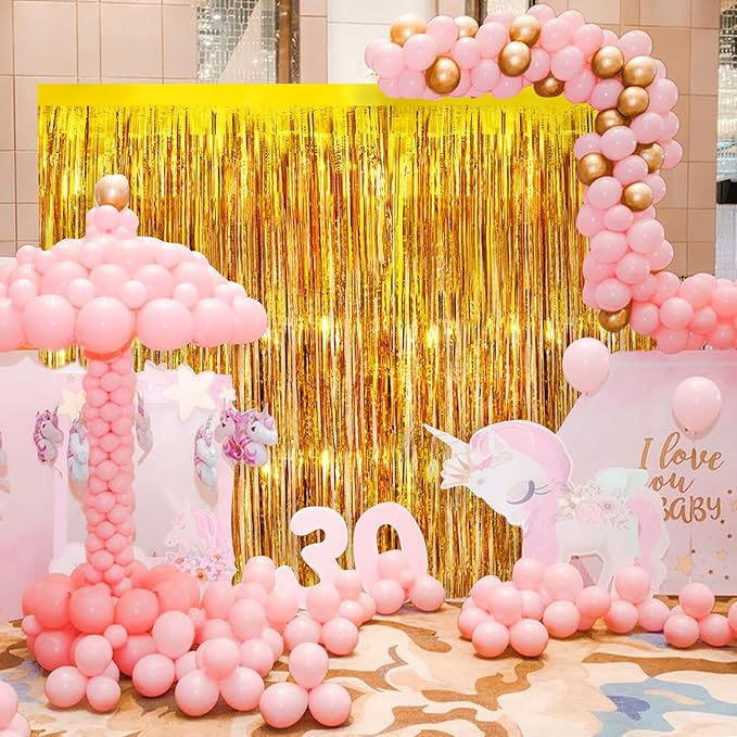 Gold Metallic Tinsel Foil Fringe Curtains, 2 Pack 3.3x8.3 Feet Party