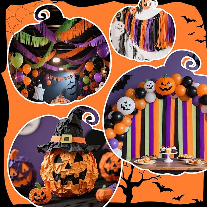 Halloween Streamers 8 Rolls Black & Orange Crepe Paper Streamers for