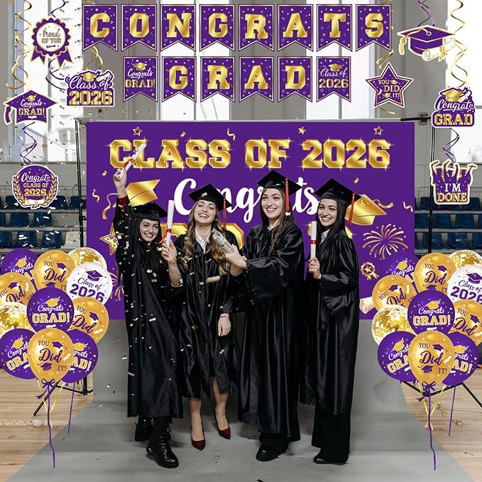 Graduation Decorations Class of 2026 Purple and Gold Graduation