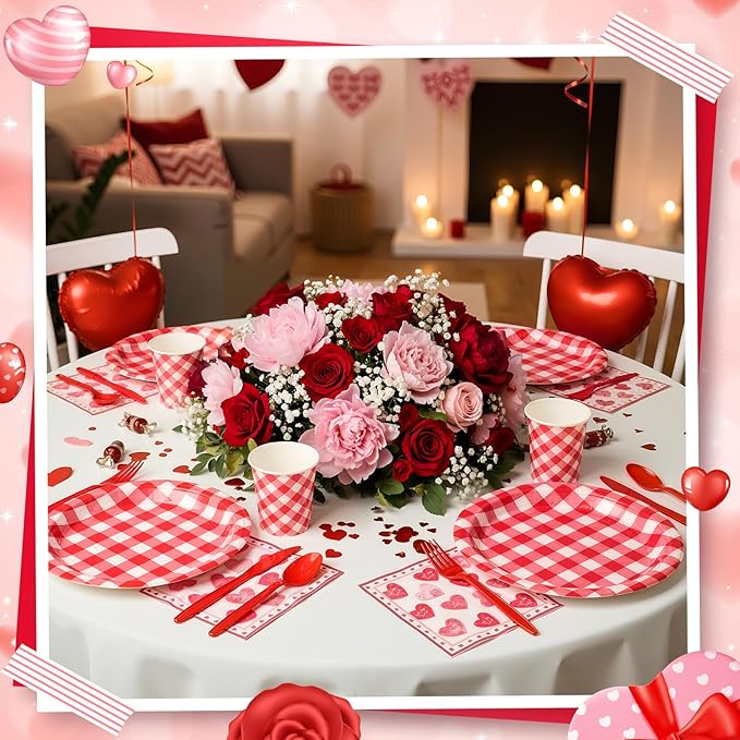 350 Pcs Valentines Party Supplies Set for 50 Guests Red Heart Paper