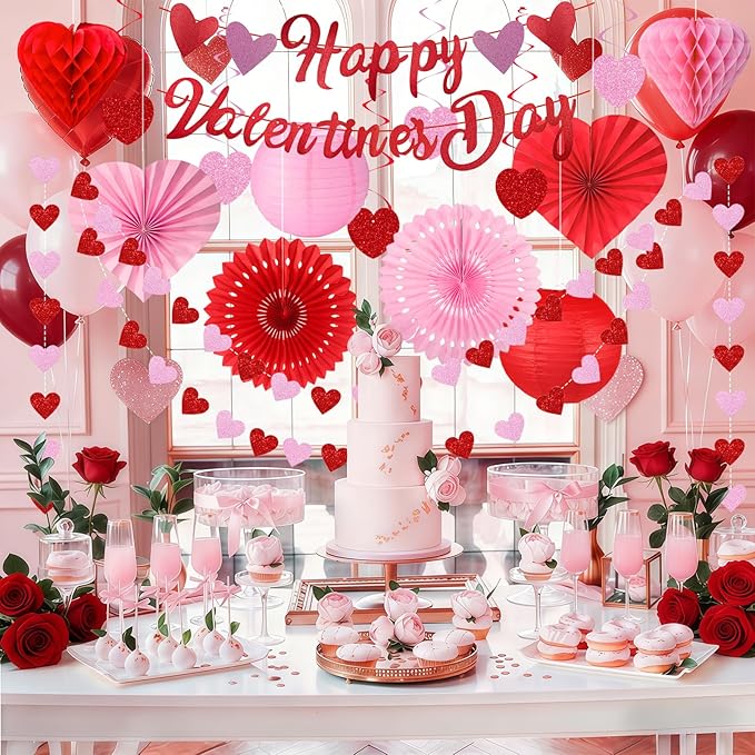 Valentines Day Decorations with Banner Pink Red Heart Shaped Paper