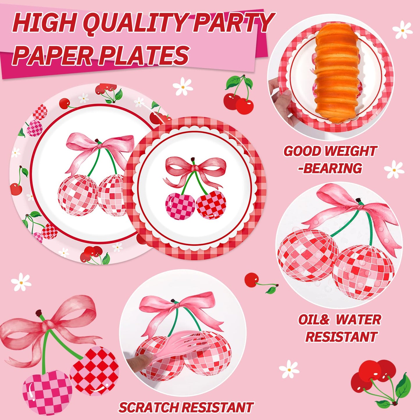96Pcs Cherries Theme Plates and Napkins Pink Bow Cherry Birthday Party